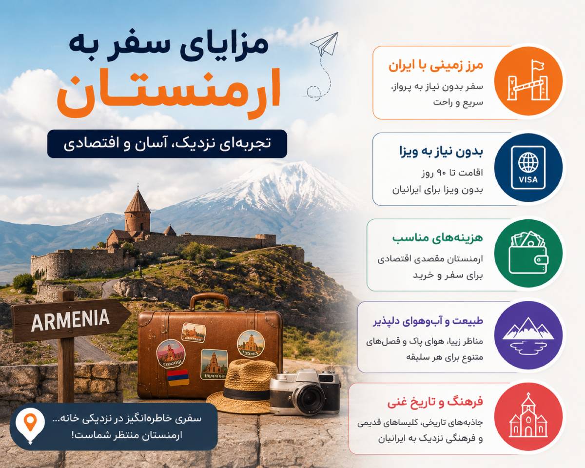 کشورهای بدون ویزا برای ایرانیان در سال ۱۴۰۵؛ مقایسه هزینه و بهترین زمان سفر 3 مزایای سفر به ارمنستان؛ از مرز زمینی با ایران تا جاذبههای دیدنی