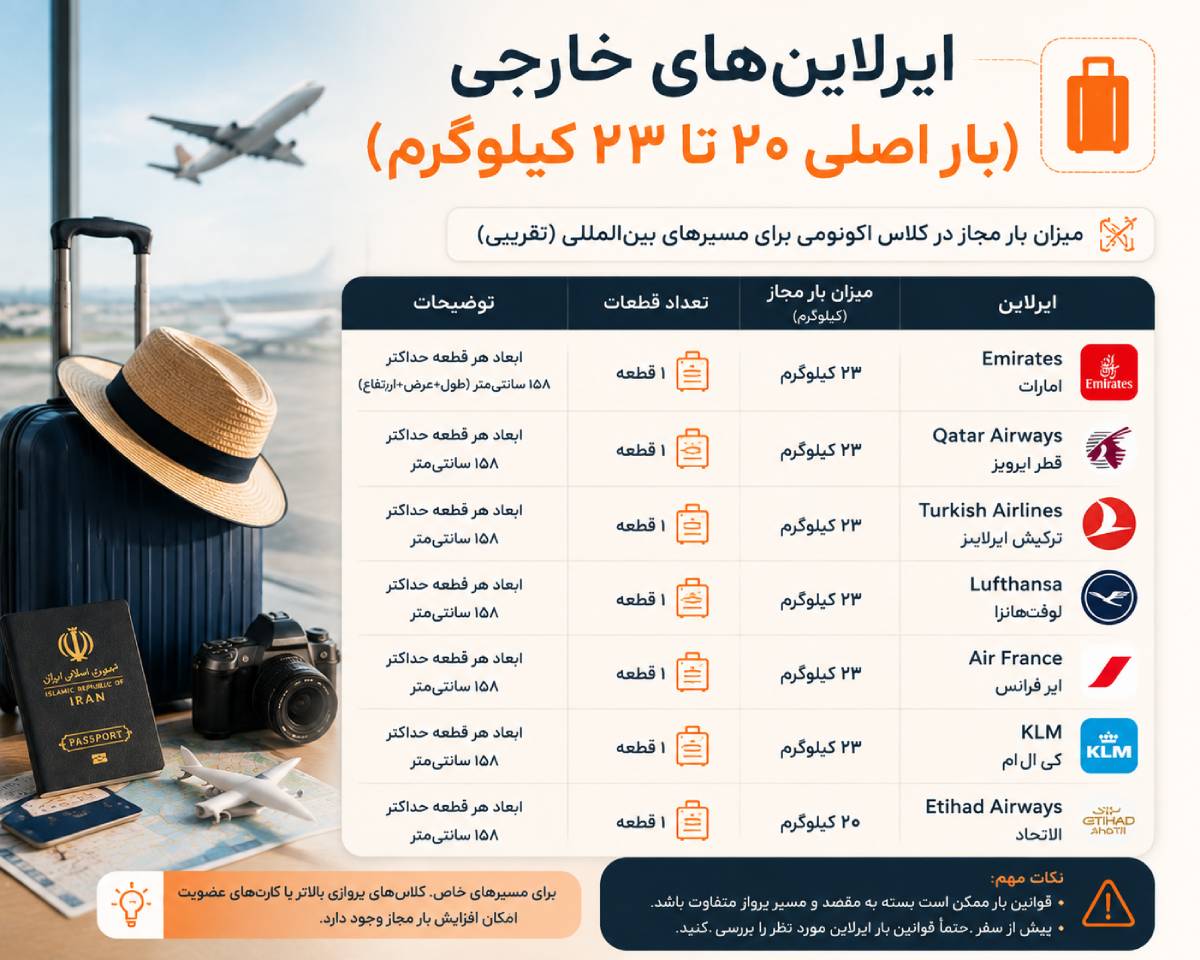 بار مجاز پروازهای خارجی چقدر است؟ راهنمای چمدان، بار کابین و اضافهبار 3 بار مجاز ایرلاینهای خارجی ۲۰ تا ۲۳ کیلو | قوانین چمدان پرواز