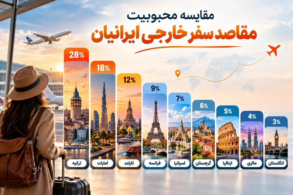 راهنمای جامع سفر خارجی برای ایرانیان از انتخاب تور تا اخذ ویزا و پرواز 5 نمودار آماری مقایسه محبوبیت مقاصد سفر خارجی ایرانیان - لاوان پرواز